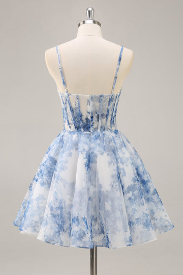 White Blue Flower A Line Corset Ruched Short Cocktail Dress